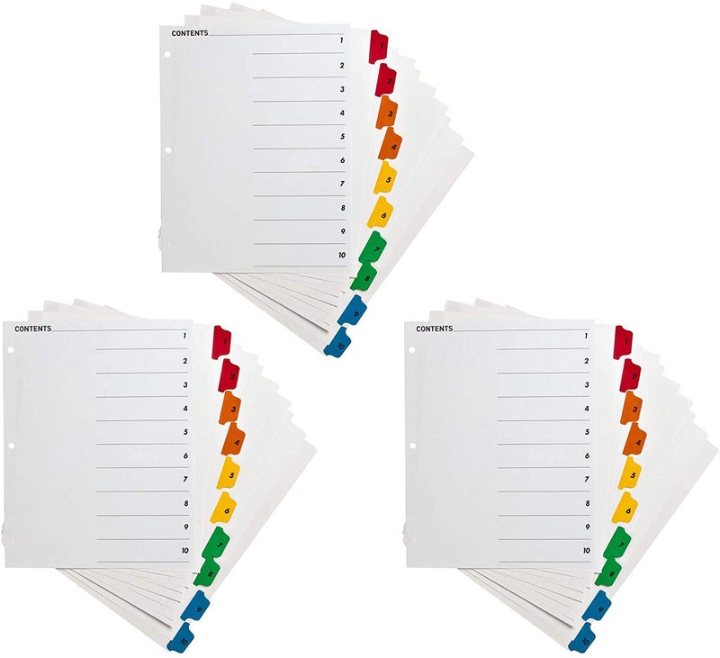 Manaloom 1-10 Tab Dividers for 3 Ring Binders, Table of Contents Page with Customizable Multicolor Table of Content Index Divider, Tear-Resistant - 3 Sets - Image 1